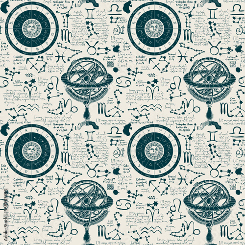 Abstract seamless pattern with zodiac signs, Lorem ipsum handwritten text, sun, moon, stars and constellations. Hand-drawn vector background on theme of horoscopes and zodiacs in retro style