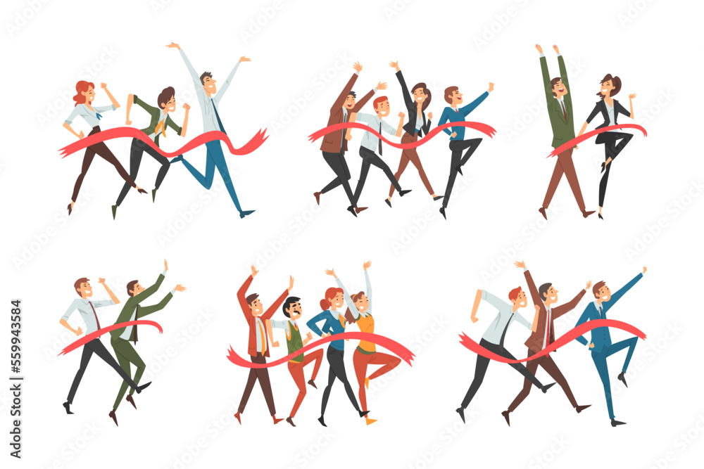 Set of business people crossing finish line. Business competition and win concept cartoon vector illustration
