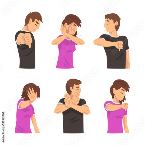 Young woman and man with dissatisfied face expression showing dislike, no, disapproval gestures set. Negative emotions concept cartoon vector illustration