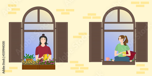 Two young girls communicate in open windows. Neighbors greet each other. Facade of the house. The concept of good neighborliness, the unity of people, mutual assistance and support. Colored vector
