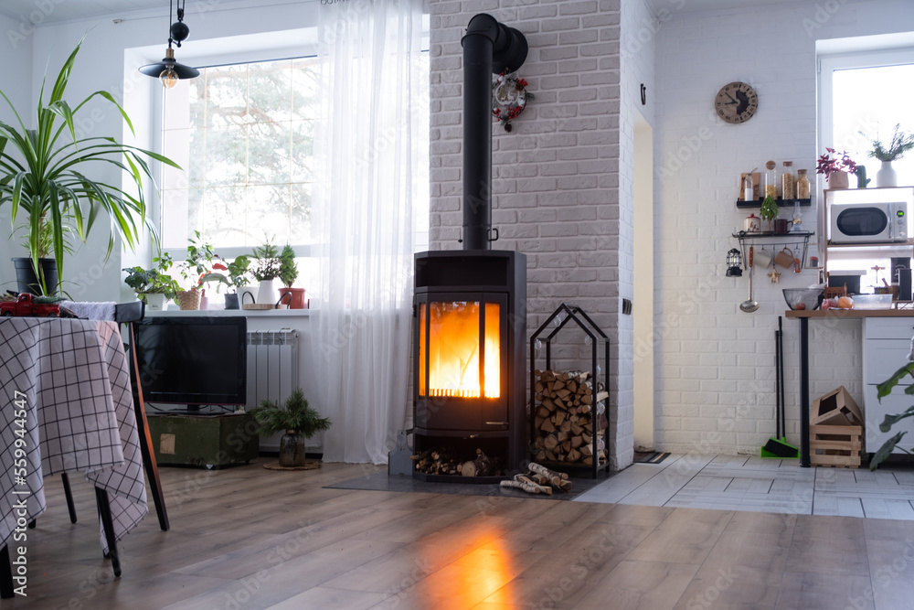 Fototapeta premium Black stove, fireplace in interior of house in loft style. Alternative eco-friendly heating, warm cozy room at home, burning wood