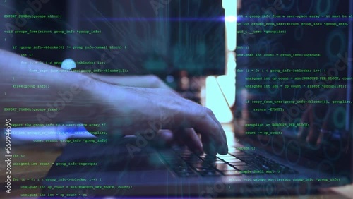 Alternative cinematic macro of programer's hands busy working on latest innovative sophisticated technology laptop or computer keyboard with augmented reality holograms for realization of new project.