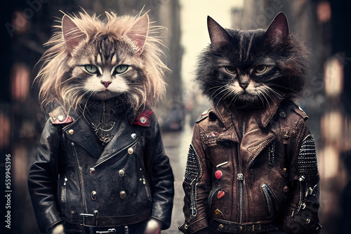 London punk rock cats posing in the city wearing leather jackets. Generative AI. photo