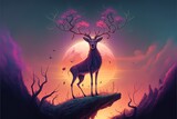 Deer with giant branching antlers trees on sunset background