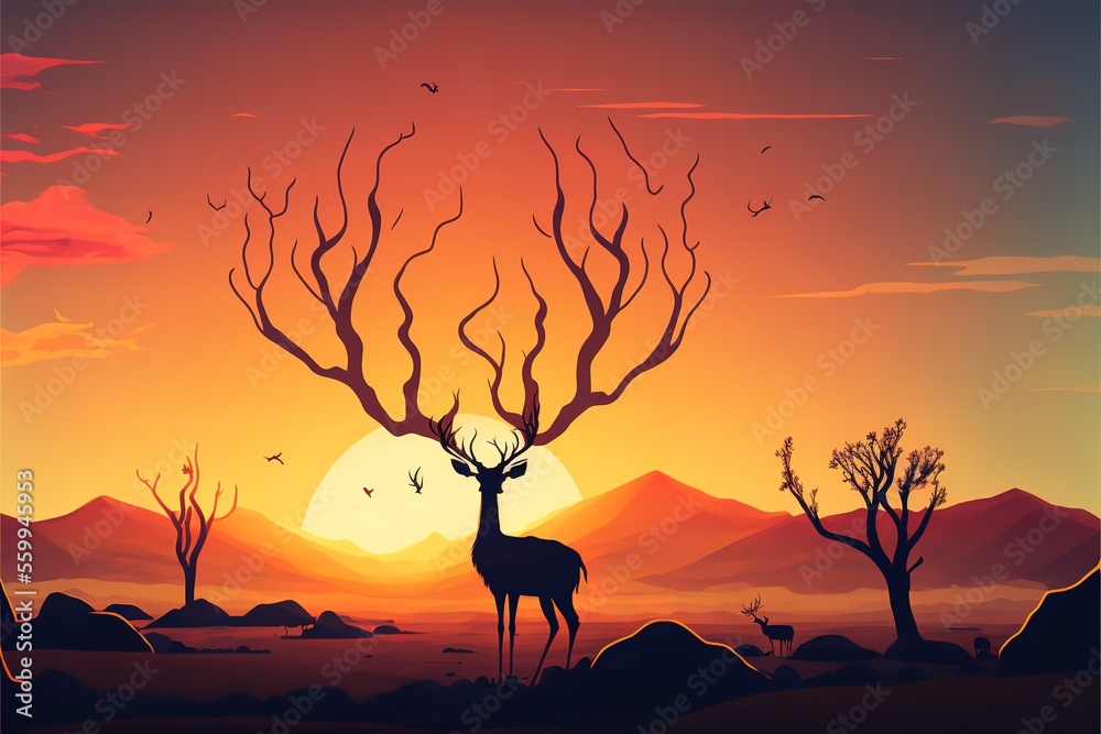 Deer with giant branching antlers trees on sunset background