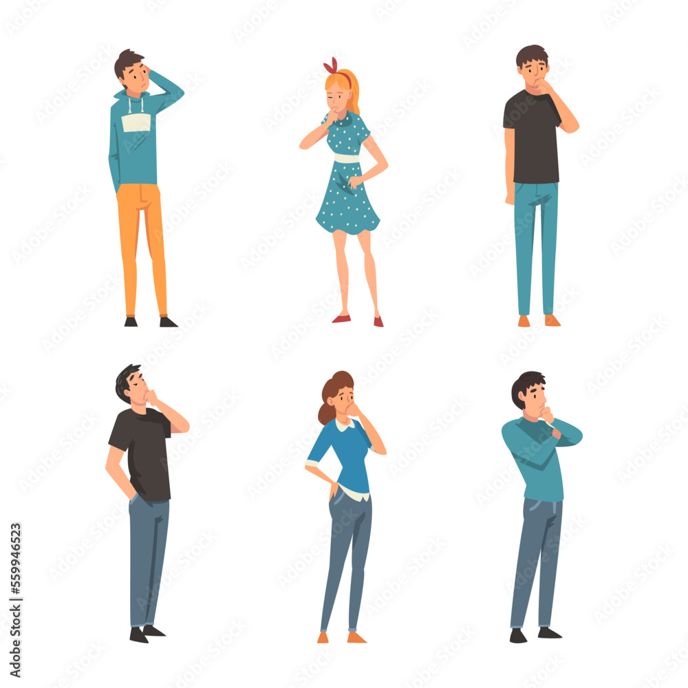 Set of thoughtful people. Men, women and children in casual clothes thinking or solving problems cartoon vector illustration