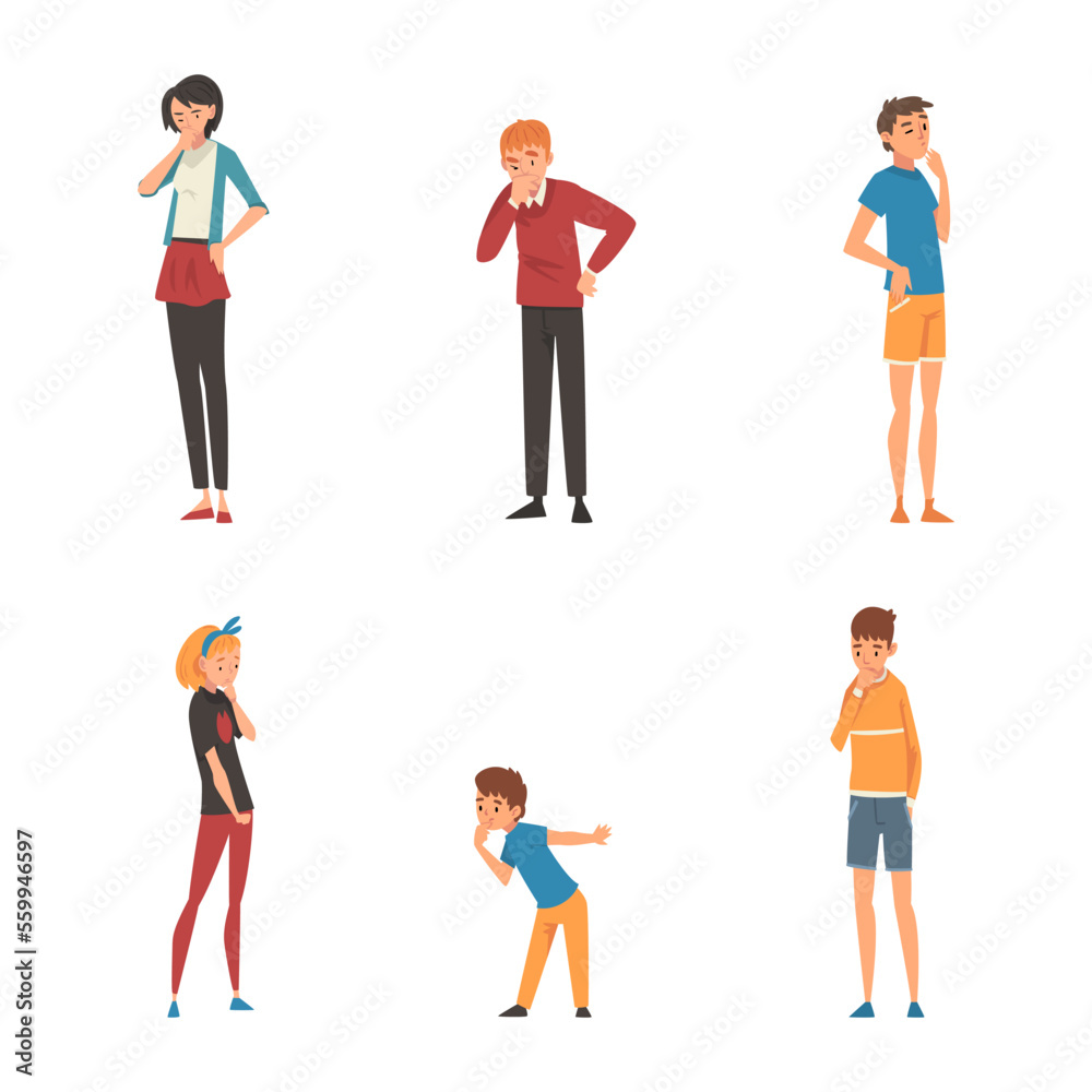 Set of thoughtful people. Men, women and children thinking or solving problems cartoon vector illustration