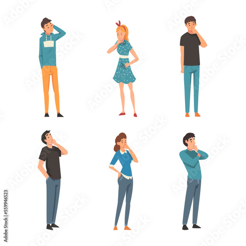 Set of thoughtful people. Men  women and children in casual clothes thinking or solving problems cartoon vector illustration