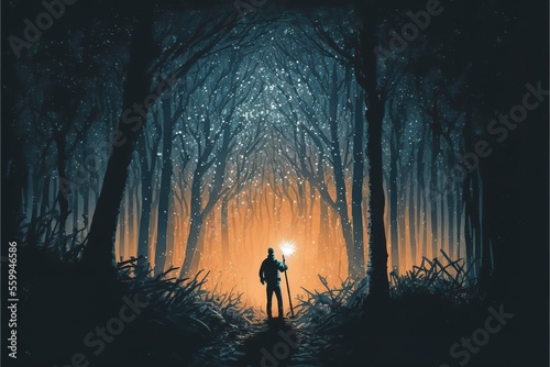 A man with a torch in the forest  fantasy scene