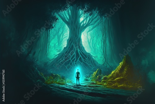 A man with a torch in the forest, fantasy scene