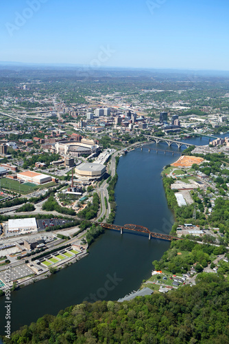 Aerial view of downtown Knoxville, TN along the Tennessee River.