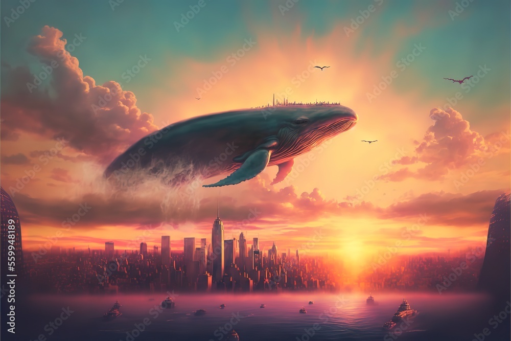 Whale flying over the city , fantasy scene