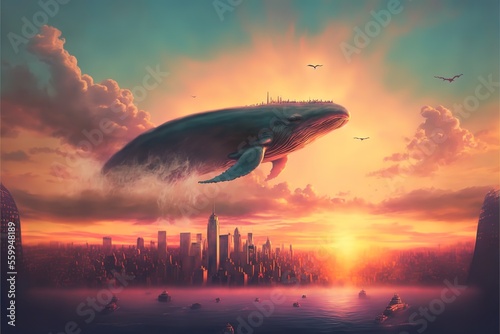 Whale flying over the city   fantasy scene