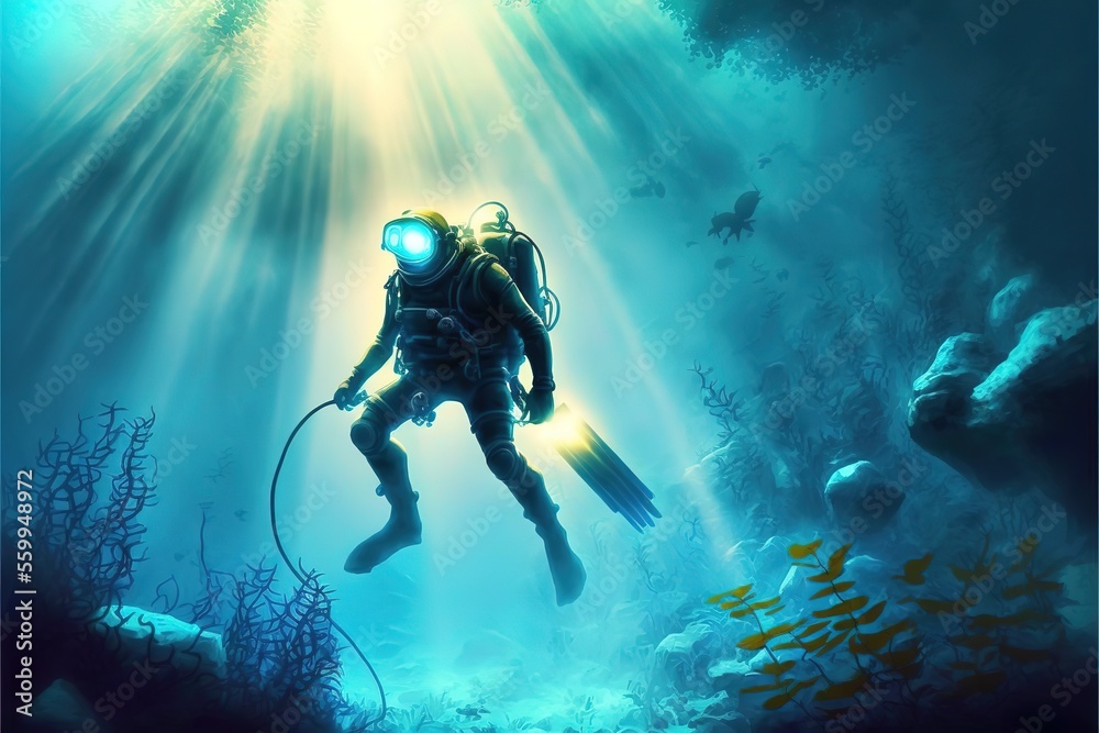 Diver diving underwater, digital art