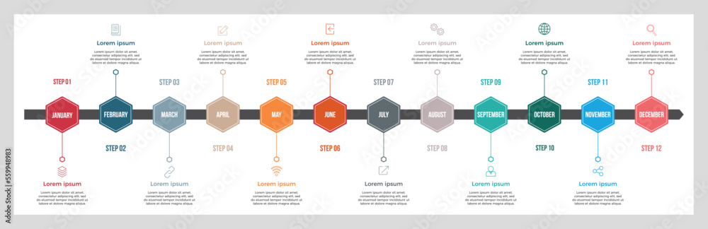 Hexagonal timeline infographic template. Colorful 12 steps timeline vector business template. Hexagonal timeline infographic template. Colorful 12 steps timeline vector business template.