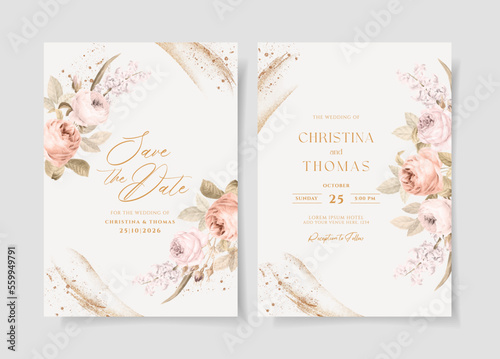Wedding invitation template set with romantic dried floral and leaves decoration
