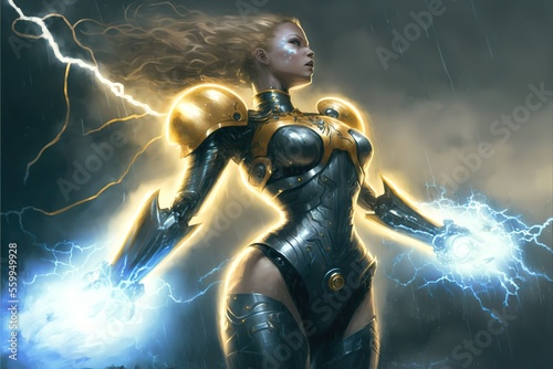 Cyborg girl in armor emits lightning  superhero illustration