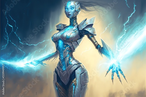 Cyborg girl in armor emits lightning, superhero illustration