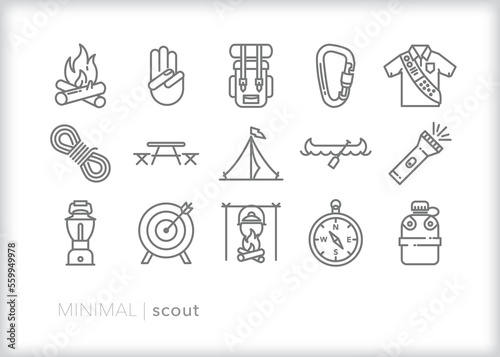 Set of scouting line icons for enjoying nature, learning about the outdoors, and enjoying recreational hobbies.