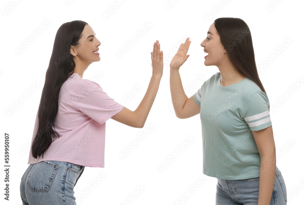 Women giving high five on white background Women giving high five on white background
