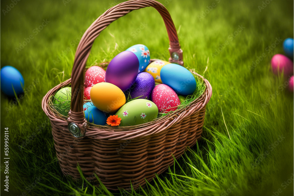 eaaster egg in busket and green grass field, AI generate eaaster egg in busket and green grass field, AI generate