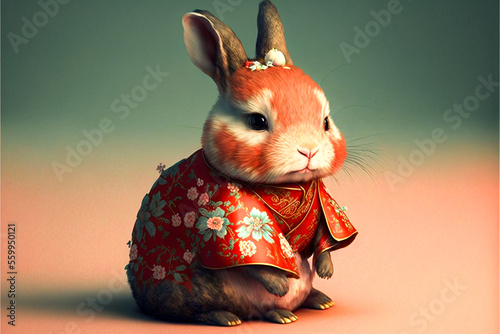 cute chinese new year rabbit character on dark background, AI generate
