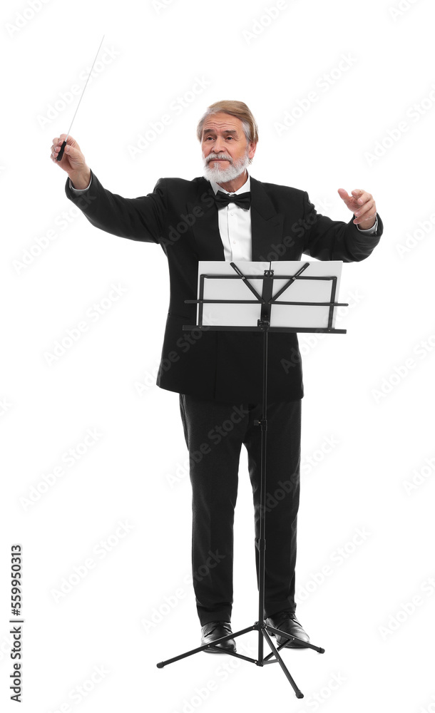 Professional conductor with baton and note stand on white background Professional conductor with baton and note stand on white background