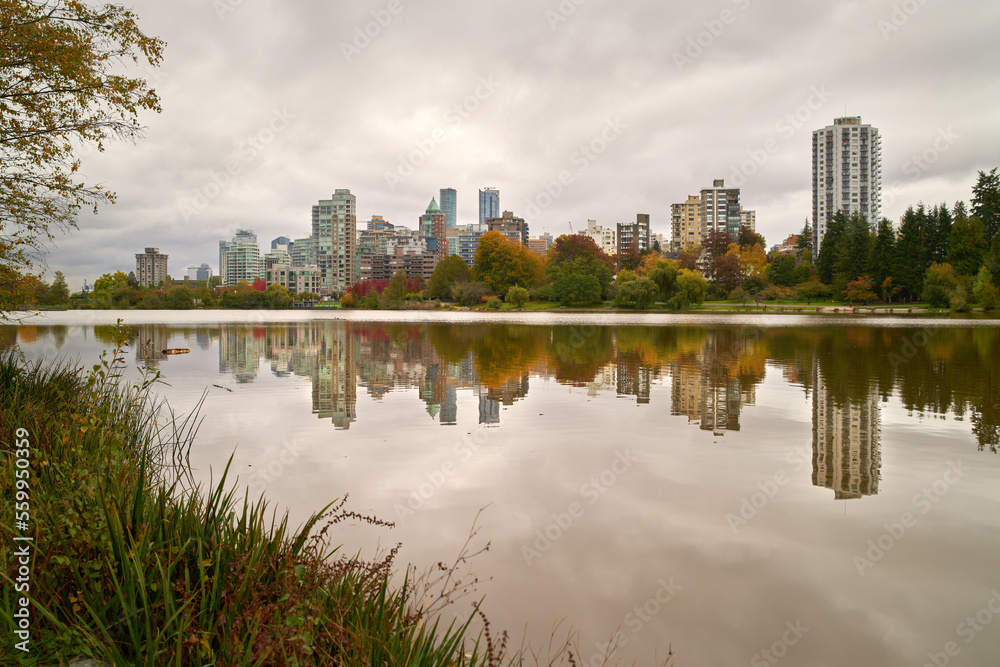 Lost Lagoon Autumn Afternoon Vancouver. Stanley Park's Lost Lagoon reflections on a cloudy autumn day. Vancouver, British Columbia, Canada.

