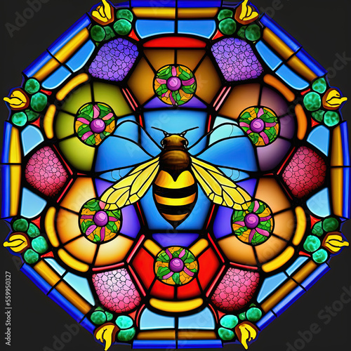 Stained glass window with bee. Generative AI. Not based on any actual