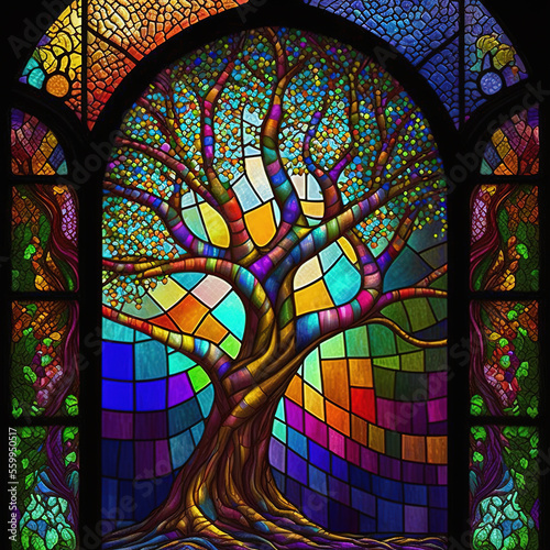 Arch stained glass window with magic tree. Generative AI. Not based on