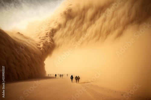 People in a sandstorm - Generative AI photo