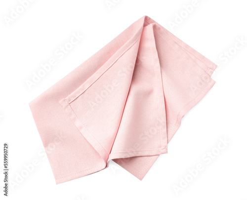 Pink fabric napkin on white background, top view