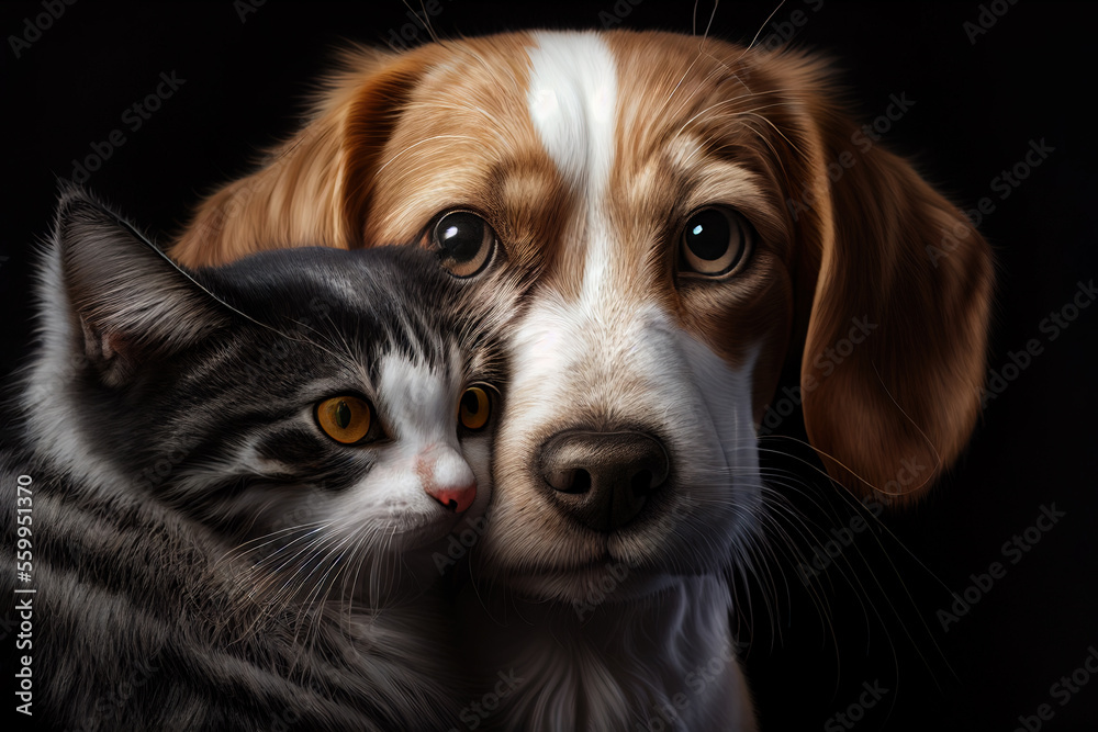 Animal friends: Illustration of a cute dog and a sweet cat cuddling together. Generative ai