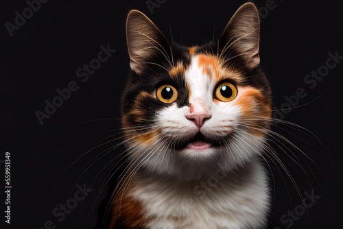 Illustration of a happy smiling calico cat on dark background. Generative ai © Annabell Gsödl