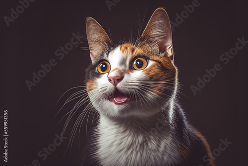 Illustration of a happy smiling calico cat on dark background. Generative ai photo
