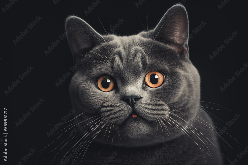 Illustration portrait of a cute and funny british shorthair cat on dark background. Generative ai