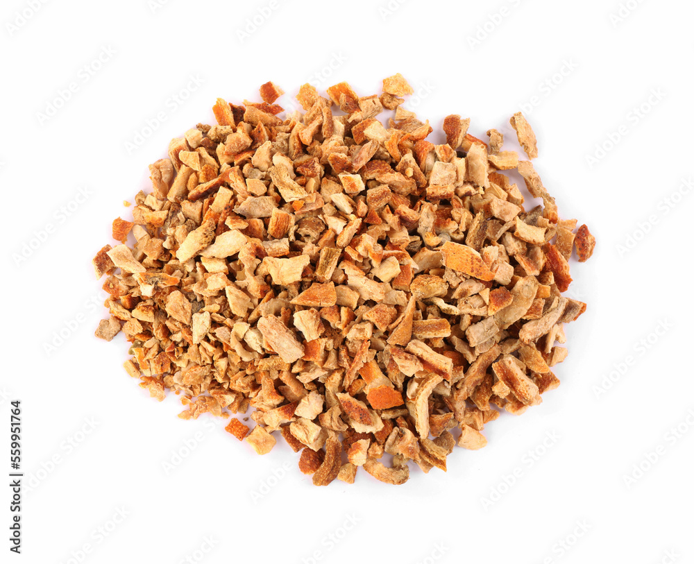 Pile of dried orange zest seasoning isolated on white, top view Pile of dried orange zest seasoning isolated on white, top view