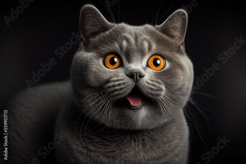 Illustration portrait of a cute and funny british shorthair cat on dark background. Generative ai photo