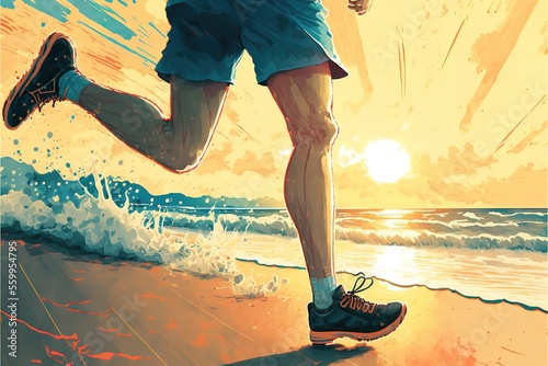 a man's legs running on the beach