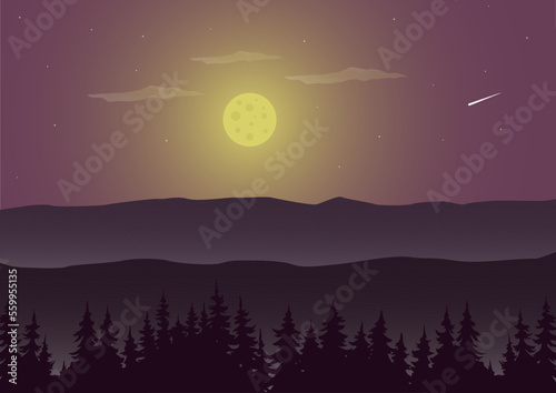 purple mountain landscape vector illustration. Panoramic mountain silhouette and moonlight at night.