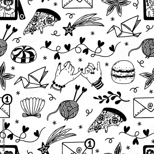 Friendship seamless vector pattern. Best friends, family, team. Symbols of good relations – crossed pinky, photo, pizza, hobby, support. Hand drawn doodles, outline. Background for cards, wallpaper