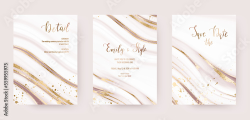 Wedding invitation templates with gold border confetti and gold waves.