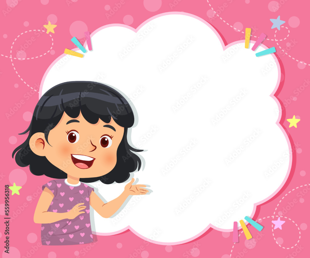 Little girl with empty blank text box frame. Vector cartoon character on pink background