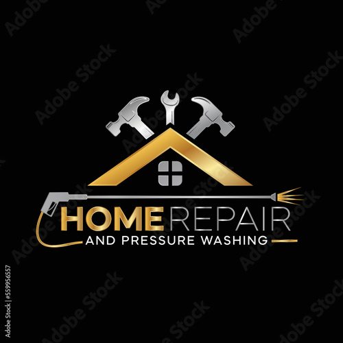 Home repair and pressure washing logo design template with cross hammers and wrench 