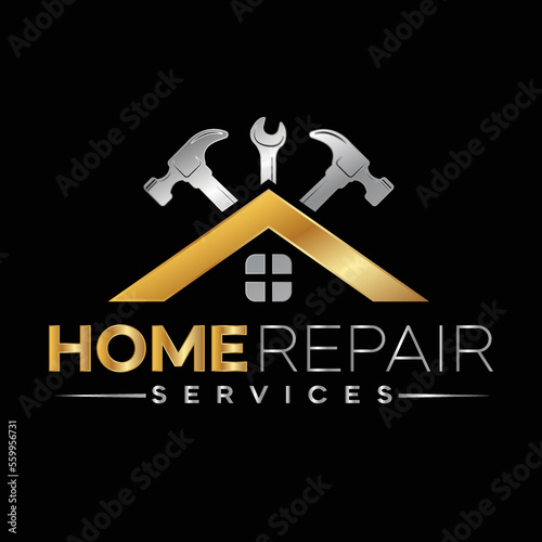 Home repairing logo design with cross hammers and wrench 