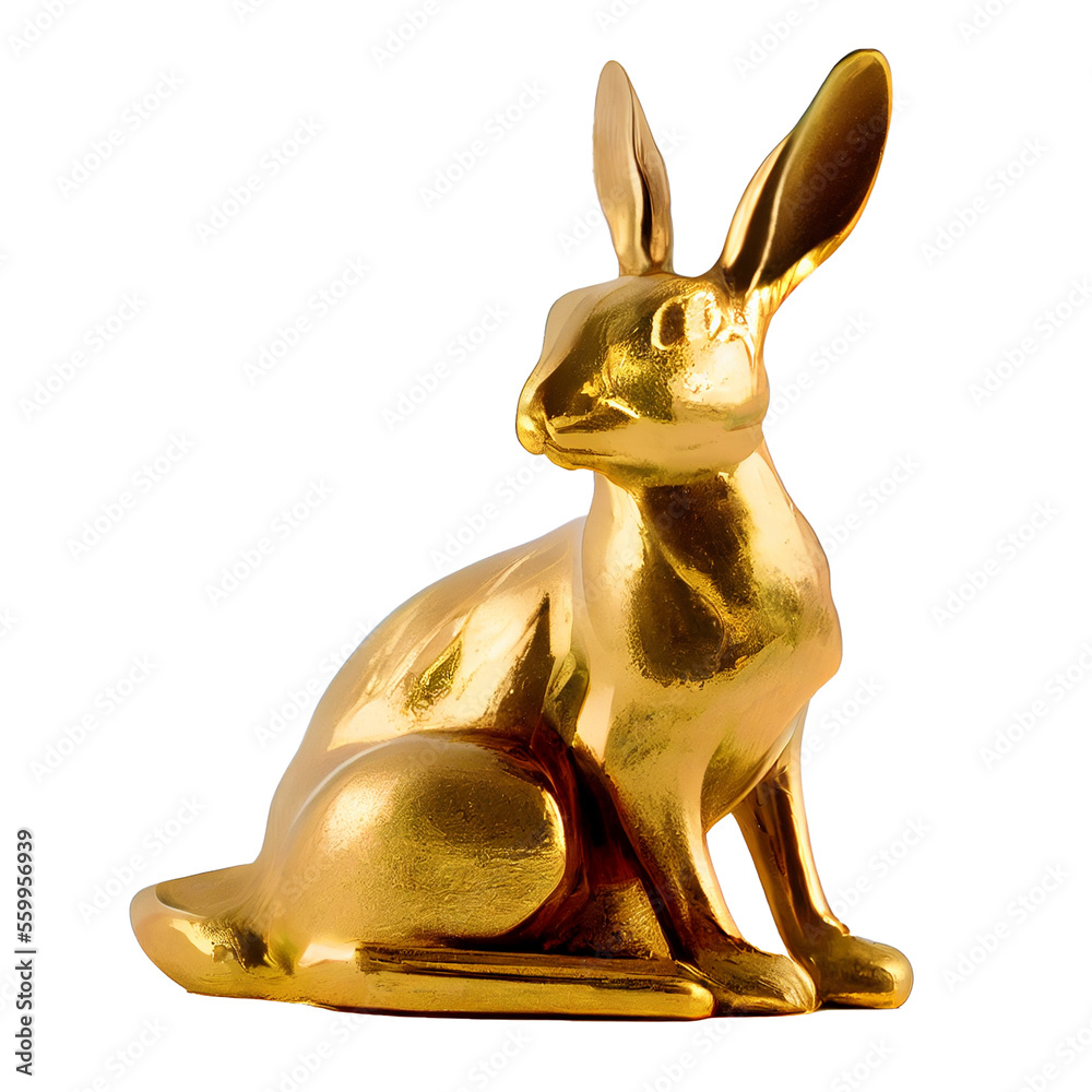 Gold Rabbit statue sitting on transparent png cut-out background.3d