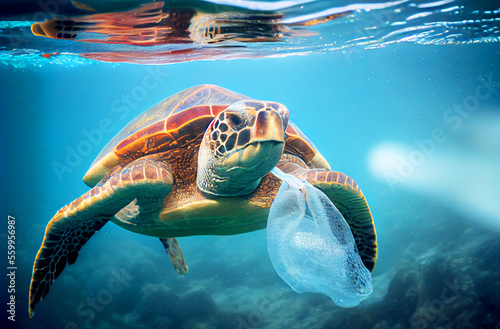 Plastic pollution in ocean environmental problem. Turtles can eat plastic bags mistaking them for jellyfish.Generative AI