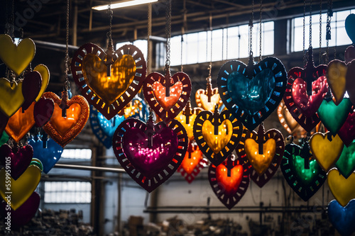 Colorful Valentine's Day Heart Shaped Products Hanging In Factory - Generative AI.
