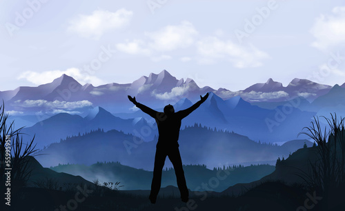 Fotografia A silhouetted man raises his arms toward heaven as he takes in the majestic mountain scene in front of him in this 3-d illustration