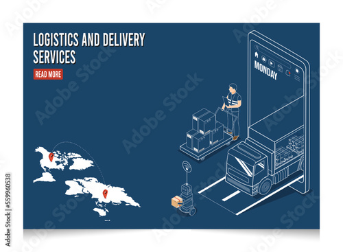 3D isometric Logistics and Delivery services concept with Man sending delivery package with truck from suppliers to buyers and copy space. Vector illustration eps10